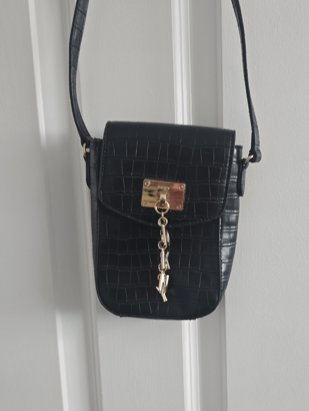 DKNY Black Croc-Embossed Crossbody with Gold Hardware